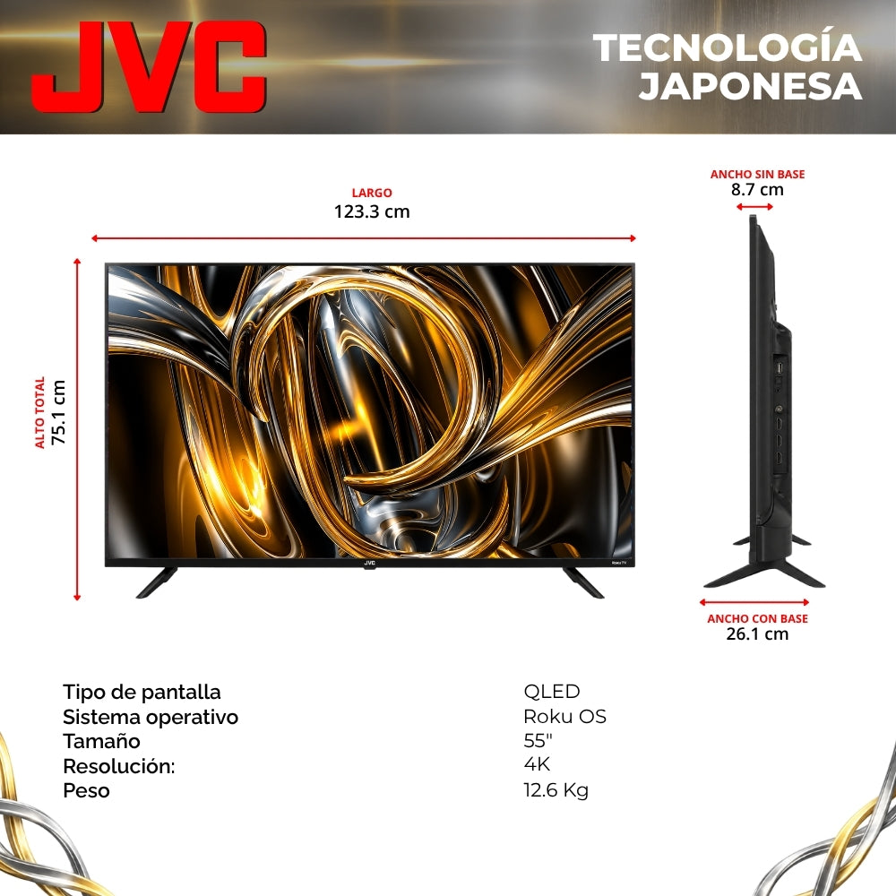 JVC Smart TV 55 pulgadas 4K UHD QLED Roku TV Frameless WiFi Dolby Audio 4 HDMI 2 USB AV Netflix YouTube Prime Video Modelo SI55QRF