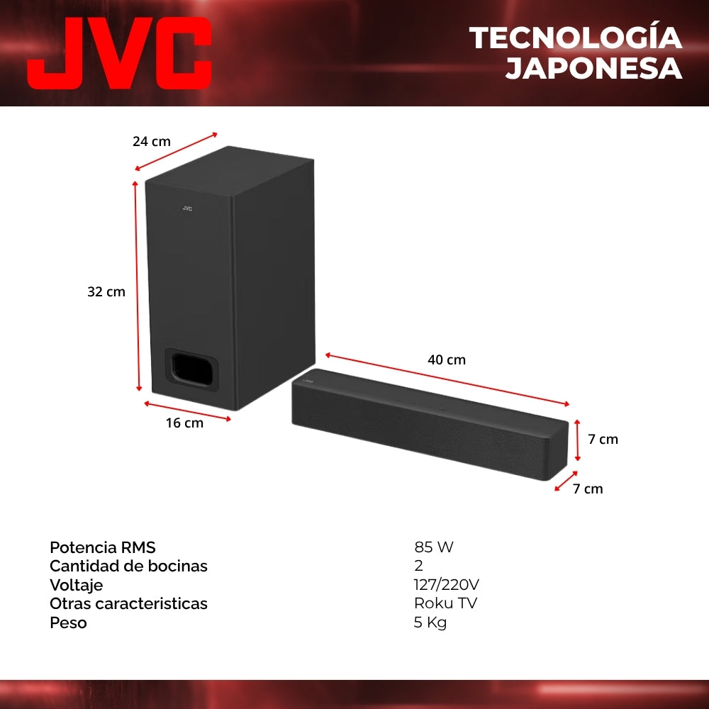 JVC Barra de Sonido 2.1 Canales Subwoofer Inalámbrico 85W RMS Bluetooth 5.3 HDMI ARC con CEC Entrada Óptica AUX 3.5 mm Roku TV Ready Control Remoto Modelo SB116R