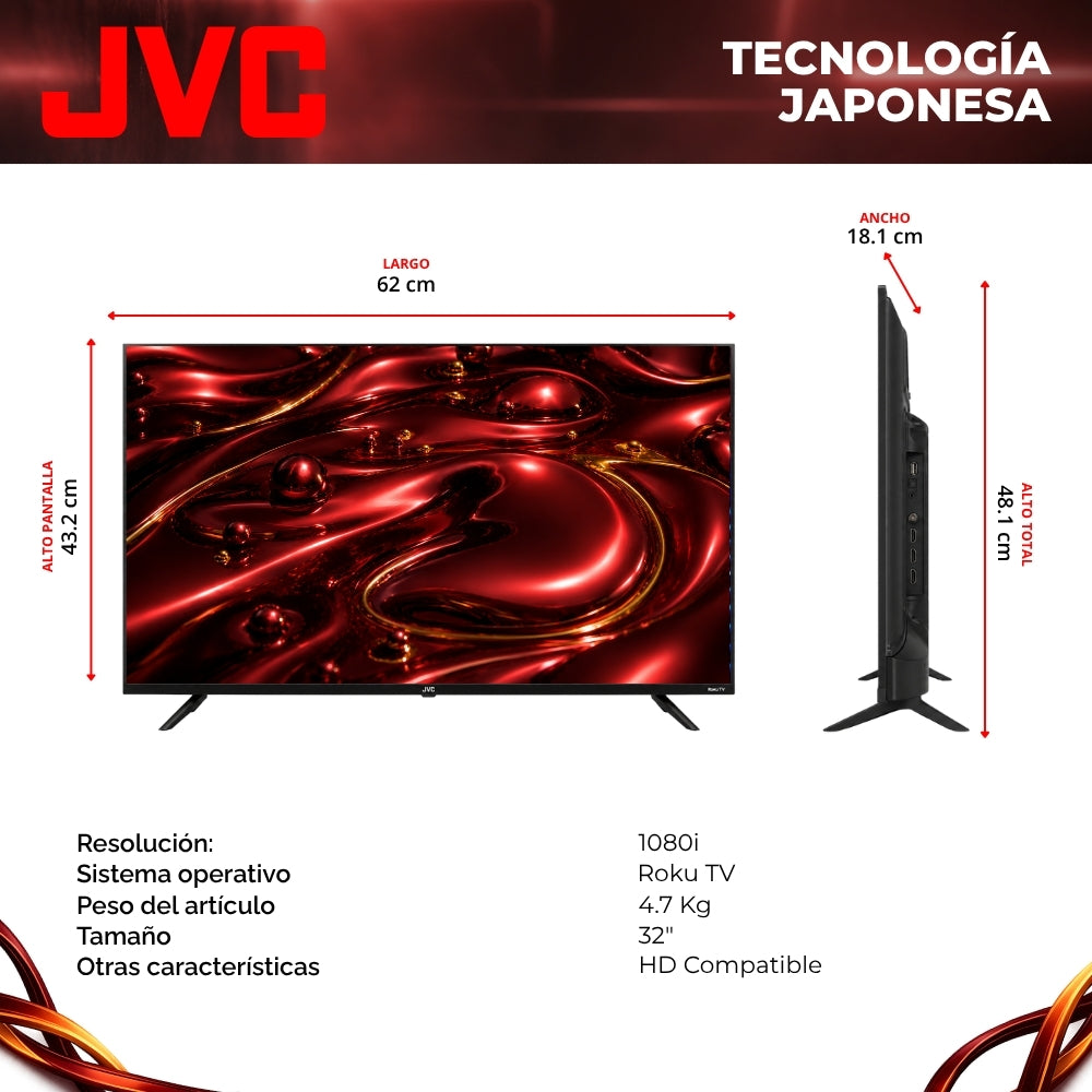 JVC Pantalla Smart TV 32 Pulgadas HD LED Frameless Roku TV Netflix YouTube Prime Video Modelo SI32RF