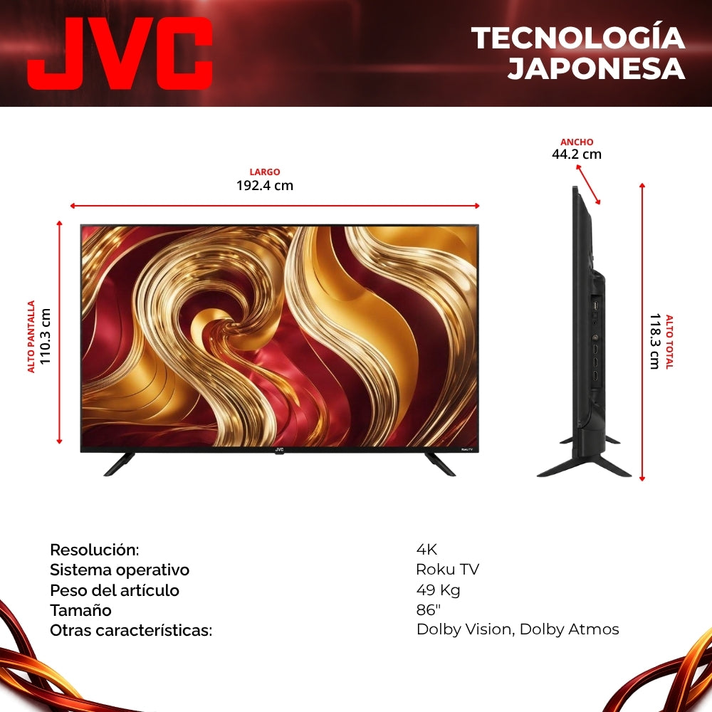 JVC Smart TV 86 pulgadas 4K UHD LED Frameless Roku TV WiFi 4 HDMI 2 USB AV Netflix YouTube Prime Video Modelo SI86URF