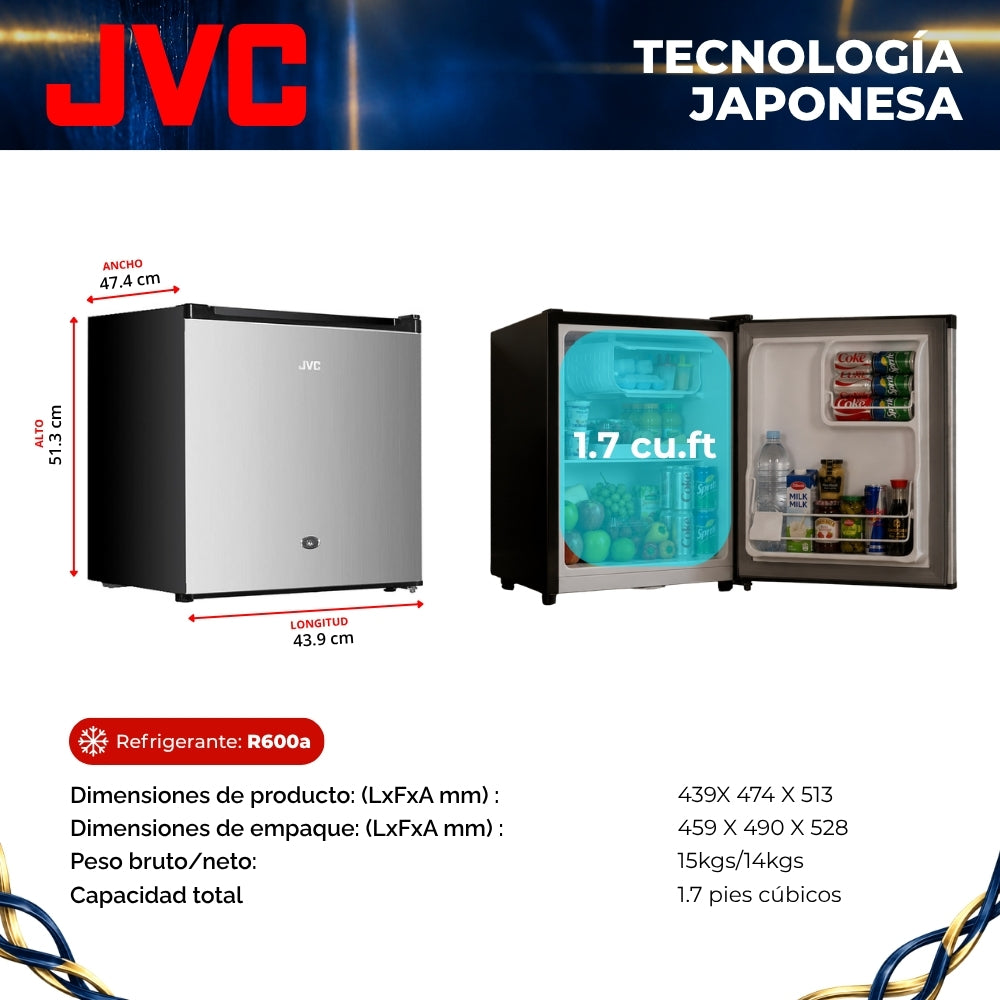 JVC Refrigerador Compacto 1.7 Pies 48 Litros Congelador Interno Control Mecánico de Temperatura Puerta Reversible Cerradura con Llave Acero Inoxidable Modelo JCR1748LHB