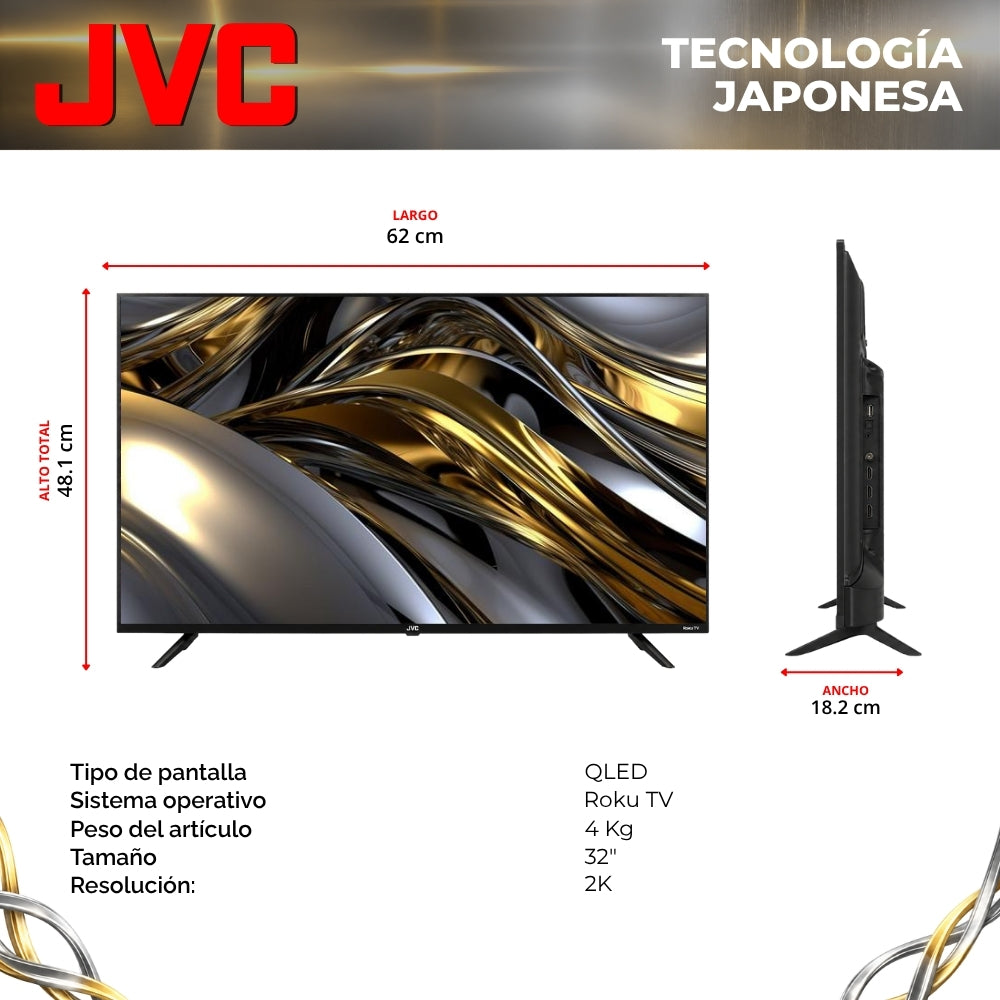 JVC Smart TV 32 pulgadas HD QLED Roku TV Frameless WiFi Dolby Audio 3 HDMI 1 USB AV Netflix YouTube Prime Video Modelo SI32QRF