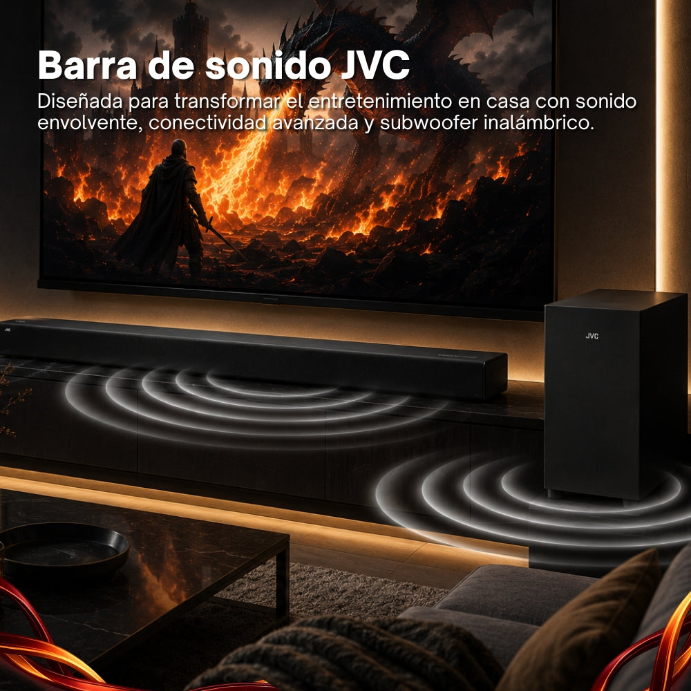 JVC Soundbar 2.1 Canales con Subwoofer Inalámbrico Dolby Atmos Bluetooth 5.3 HDMI ARC Optical Input Roku TV Ready Modelo SB542R