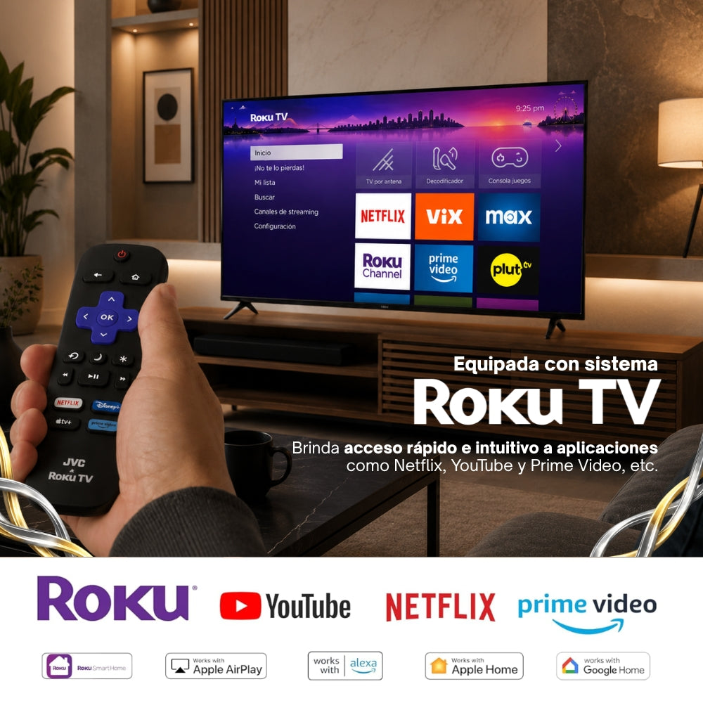 JVC Smart TV 50 pulgadas 4K UHD QLED Roku TV Frameless WiFi Dolby Audio 4 HDMI 2 USB AV Netflix YouTube Prime Video Modelo SI50QRF