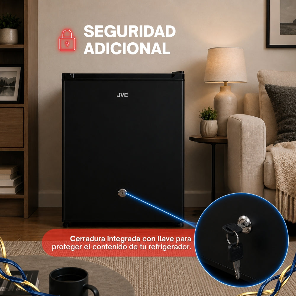 JVC Refrigerador Compacto 1.7 Pies 48 Litros Congelador Interno Control Mecánico de Temperatura Puerta Reversible Cerradura con Llave Acero Inoxidable Modelo JCR1748LHB