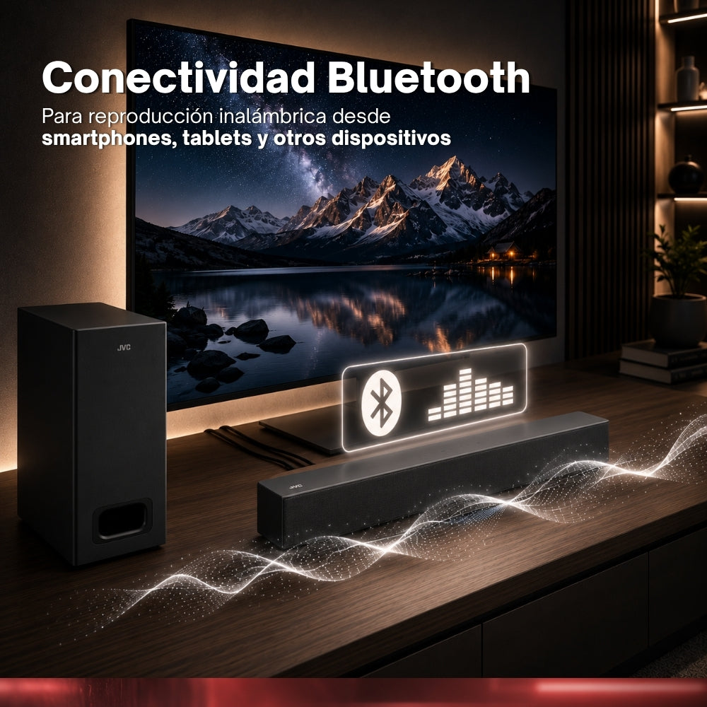 JVC Barra de Sonido 2.1 Canales Subwoofer Inalámbrico 85W RMS Bluetooth 5.3 HDMI ARC con CEC Entrada Óptica AUX 3.5 mm Roku TV Ready Control Remoto Modelo SB116R