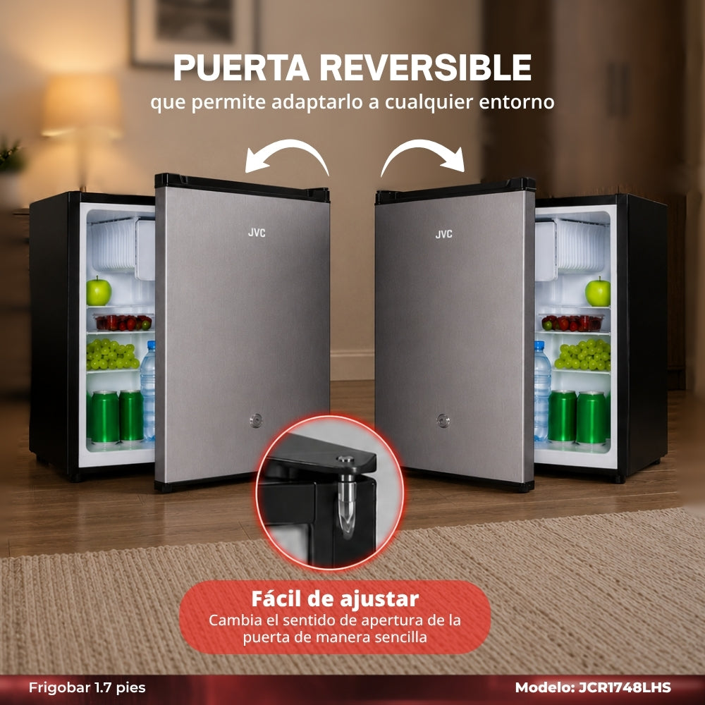 JVC Refrigerador Compacto 1.7 Pies 48 Litros Congelador Interno Control Mecánico de Temperatura Puerta Reversible Cerradura con Llave Acero Inoxidable Modelo JCR1748LHS