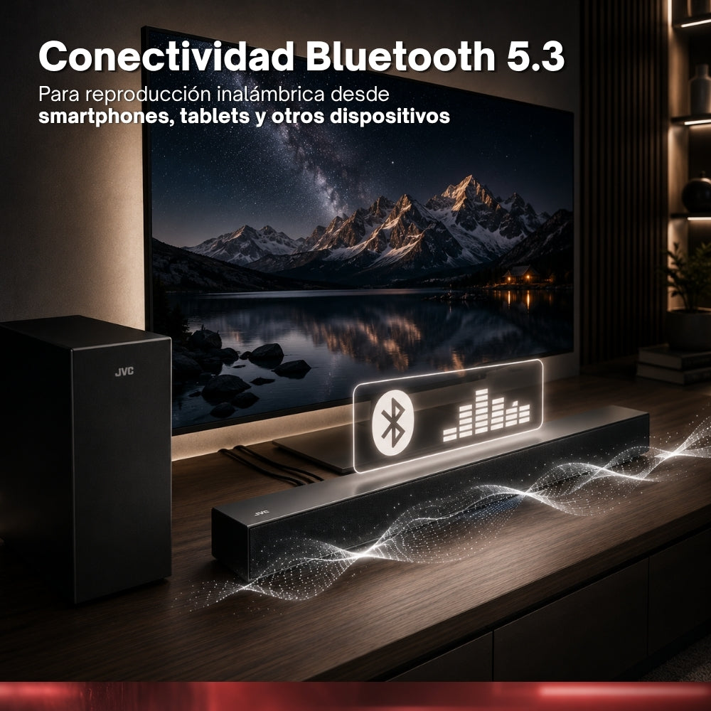 JVC Soundbar 2.1 Canales con Subwoofer Inalámbrico Dolby Atmos Bluetooth 5.3 HDMI ARC Optical Input Roku TV Ready Modelo SB542R
