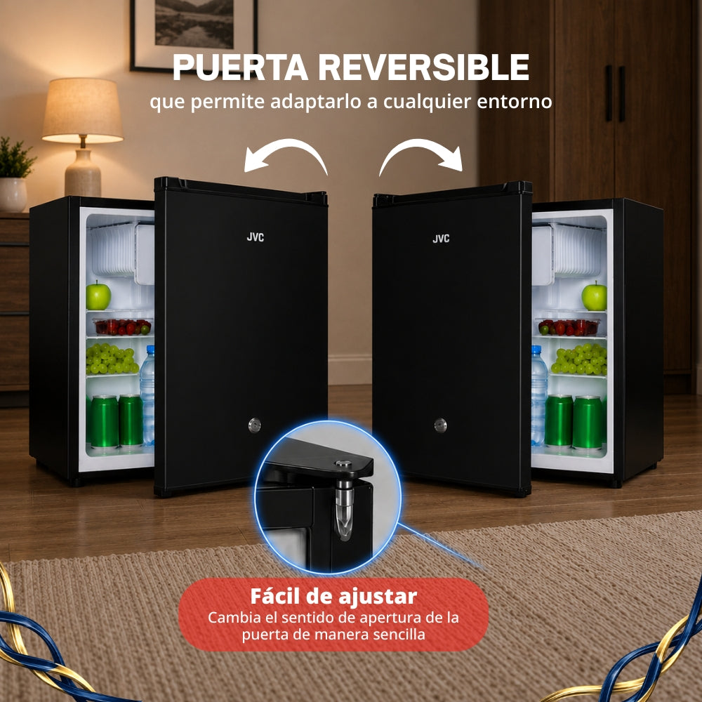 JVC Refrigerador Compacto 1.7 Pies 48 Litros Congelador Interno Control Mecánico de Temperatura Puerta Reversible Cerradura con Llave Acero Inoxidable Modelo JCR1748LHB