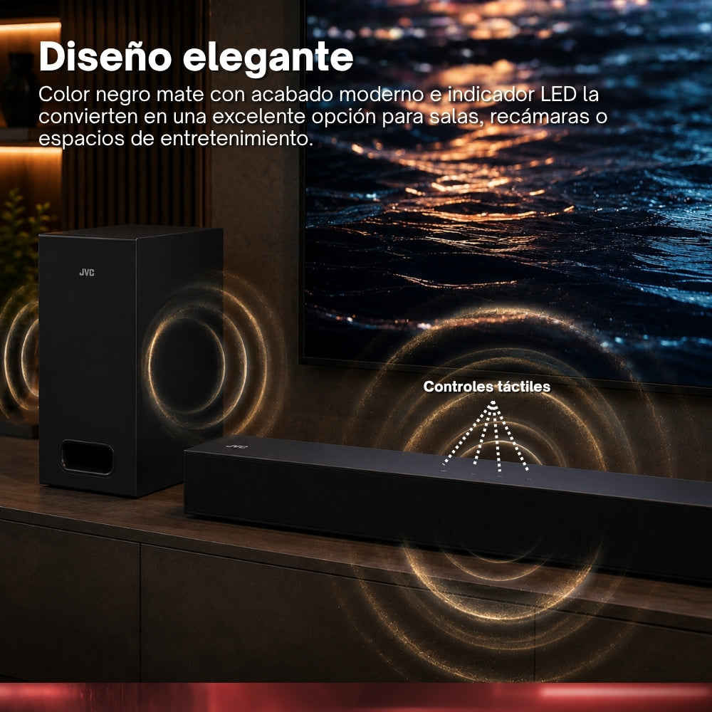 JVC Barra de Sonido 2.1 Canales Subwoofer Inalámbrico 85W RMS Bluetooth 5.3 HDMI ARC con CEC Entrada Óptica AUX 3.5 mm Roku TV Ready Control Remoto Modelo SB116R