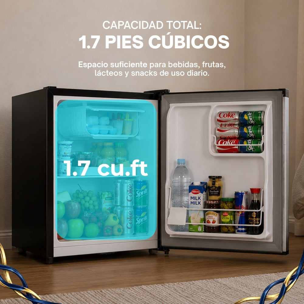 JVC Refrigerador Compacto 1.7 Pies 48 Litros Congelador Interno Control Mecánico de Temperatura Puerta Reversible Cerradura con Llave Acero Inoxidable Modelo JCR1748LHB