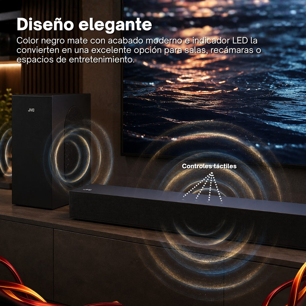 JVC Soundbar 2.1 Canales con Subwoofer Inalámbrico Dolby Atmos Bluetooth 5.3 HDMI ARC Optical Input Roku TV Ready Modelo SB542R