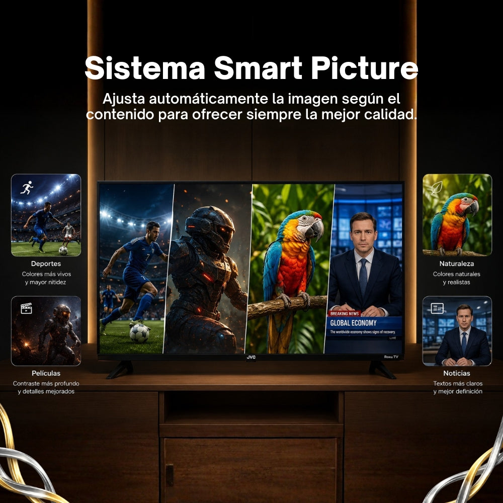 JVC Smart TV 43 pulgadas Full HD QLED Roku TV Frameless WiFi Dolby Audio 3 HDMI 1 USB AV Netflix YouTube Prime Video Modelo SI43QRF