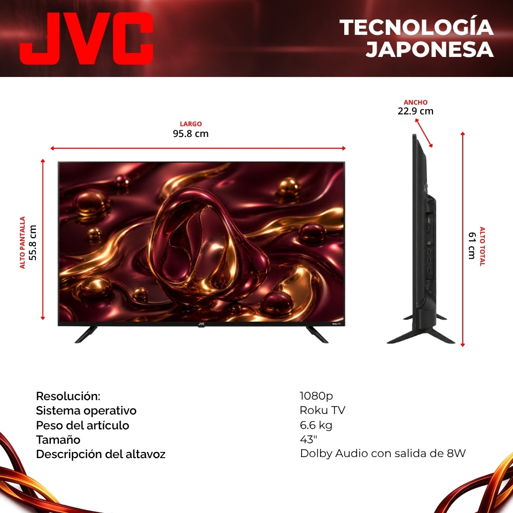 JVC Smart TV 43 pulgadas Full HD LED Frameless Roku TV WiFi 3 HDMI 1 USB AV Netflix YouTube Prime Video Modelo SI43FRF