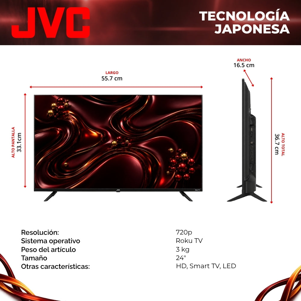 JVC Pantalla Smart TV 24 pulgadas HD LED Roku TV Dolby Audio WiFi HDMI USB Netflix YouTube Prime Video Modelo SI24R