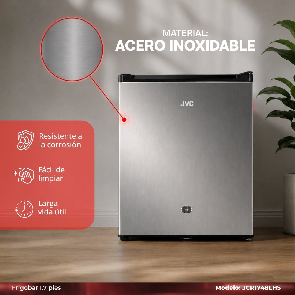 JVC Refrigerador Compacto 1.7 Pies 48 Litros Congelador Interno Control Mecánico de Temperatura Puerta Reversible Cerradura con Llave Acero Inoxidable Modelo JCR1748LHS