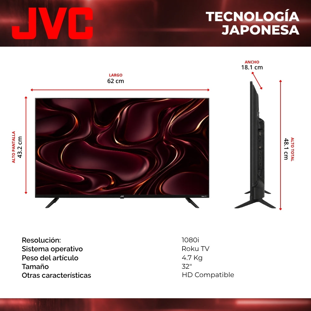 JVC Smart TV 32 pulgadas HD LED Roku TV Dolby Audio WiFi 3 HDMI 1 USB AV Netflix YouTube Prime Video Modelo SI32R