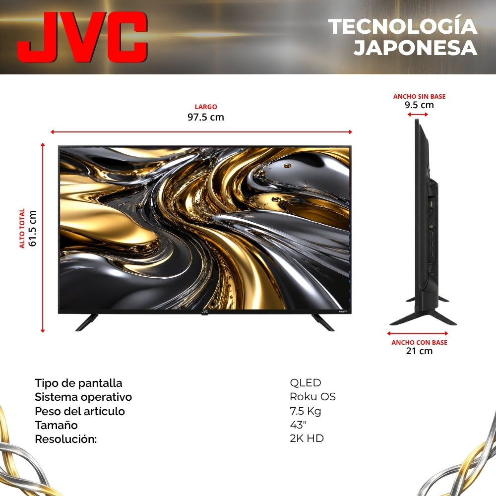 JVC  Smart TV 43 pulgadas  Full HD QLED  Roku TV  Frameless  WiFi  Dolby Audio  3 HDMI 1 USB AV  Netflix YouTube Prime Video  Modelo SI43QRF