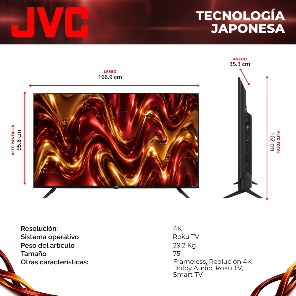 JVC Smart TV 75 pulgadas 4K UHD LED Frameless Roku TV Dolby Audio WiFi Netflix YouTube Prime Video Modelo SI75URF