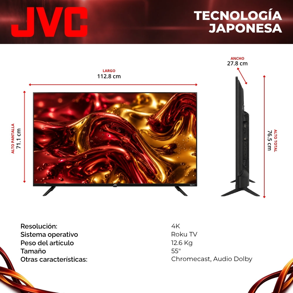 JVC Smart TV 55 pulgadas 4K UHD LED Frameless Roku TV Dolby Audio WiFi 4 HDMI 2 USB AV Netflix YouTube Prime Video Modelo SI55URF