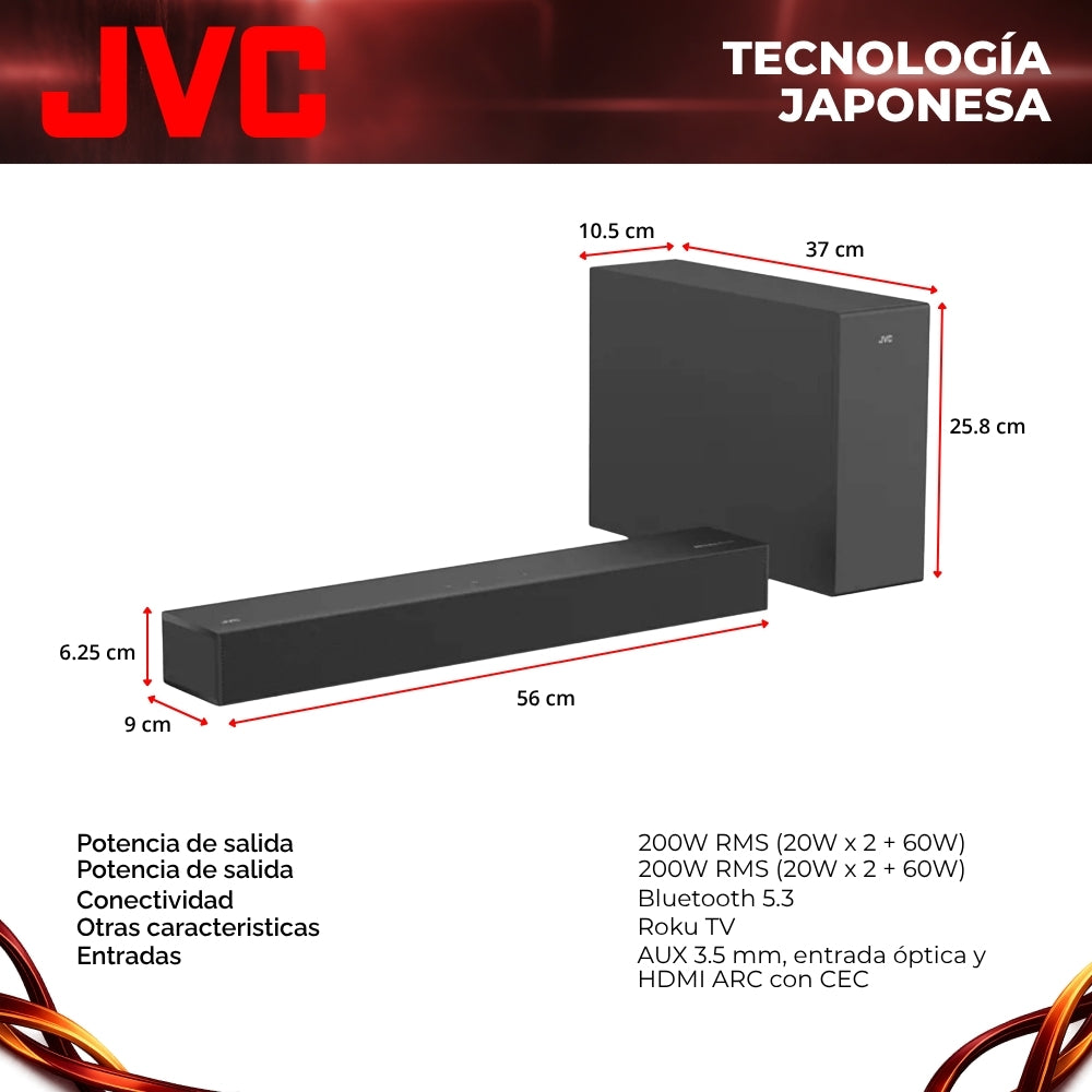 JVC Soundbar 2.1 Canales con Subwoofer Inalámbrico Dolby Atmos Bluetooth 5.3 HDMI ARC Optical Input Roku TV Ready Modelo SB542R