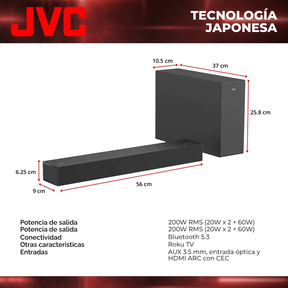 JVC  Soundbar 2.1 Canales con Subwoofer Inalámbrico Dolby Atmos Bluetooth 5.3  HDMI ARC Optical Input  Roku TV Ready  Modelo SB542R
