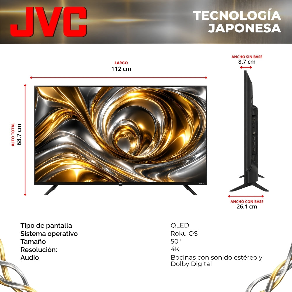 JVC  Smart TV 50 pulgadas  4K UHD QLED  Roku TV  Frameless  WiFi  Dolby Audio  4 HDMI 2 USB AV  Netflix YouTube Prime Video  Modelo SI50QRF