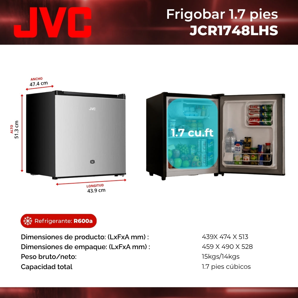 JVC Refrigerador Compacto 1.7 Pies 48 Litros Congelador Interno Control Mecánico de Temperatura Puerta Reversible Cerradura con Llave Acero Inoxidable Modelo JCR1748LHS