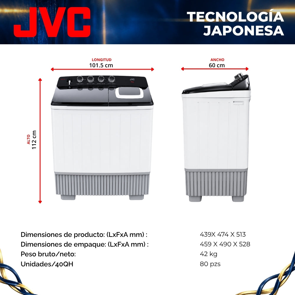 JVC Lavadora Doble Tina 25 kg 4 Niveles de Agua 4 Perillas de Control Bajo Consumo de Energía Ahorro de Agua Gabinete de Alto Impacto Modelo JCTT2509BK