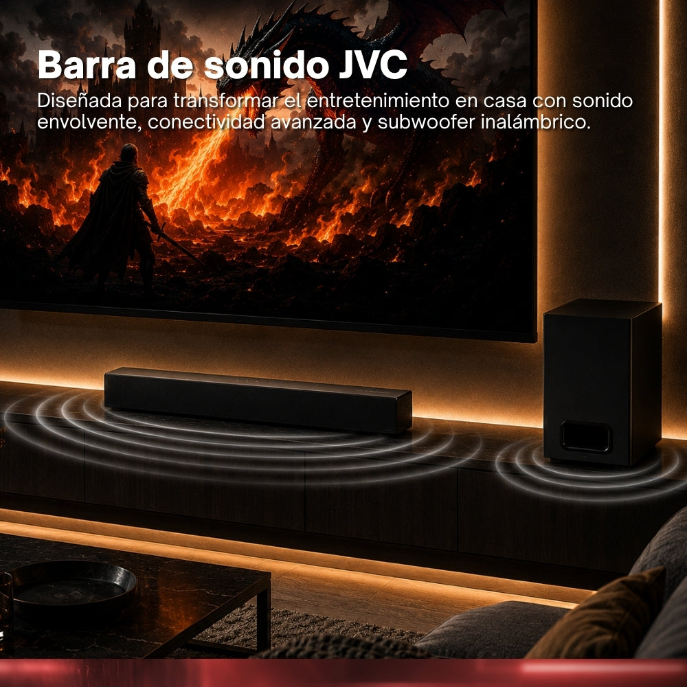 JVC Barra de Sonido 2.1 Canales Subwoofer Inalámbrico 85W RMS Bluetooth 5.3 HDMI ARC con CEC Entrada Óptica AUX 3.5 mm Roku TV Ready Control Remoto Modelo SB116R