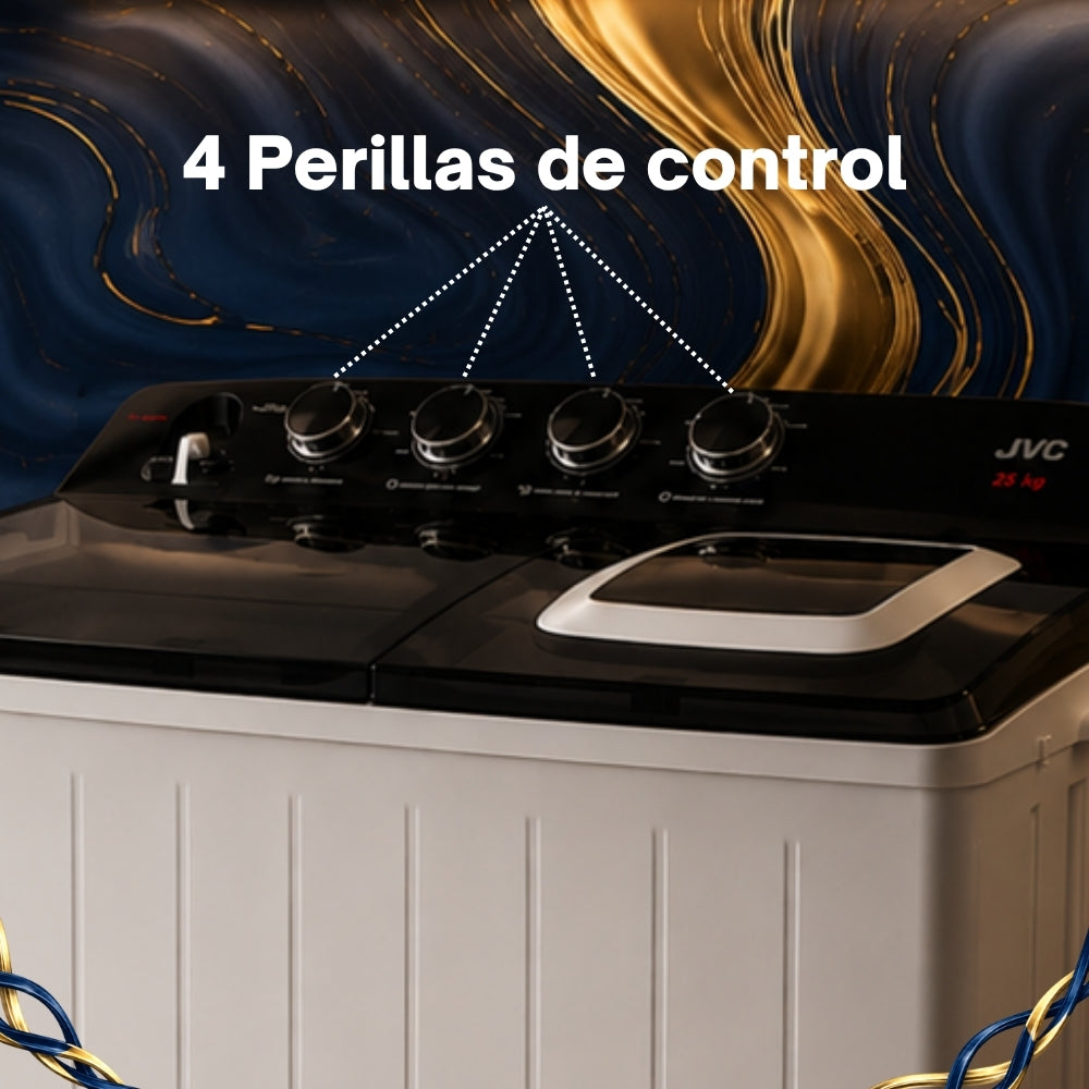 JVC Lavadora Doble Tina 25 kg 4 Niveles de Agua 4 Perillas de Control Bajo Consumo de Energía Ahorro de Agua Gabinete de Alto Impacto Modelo JCTT2509BK