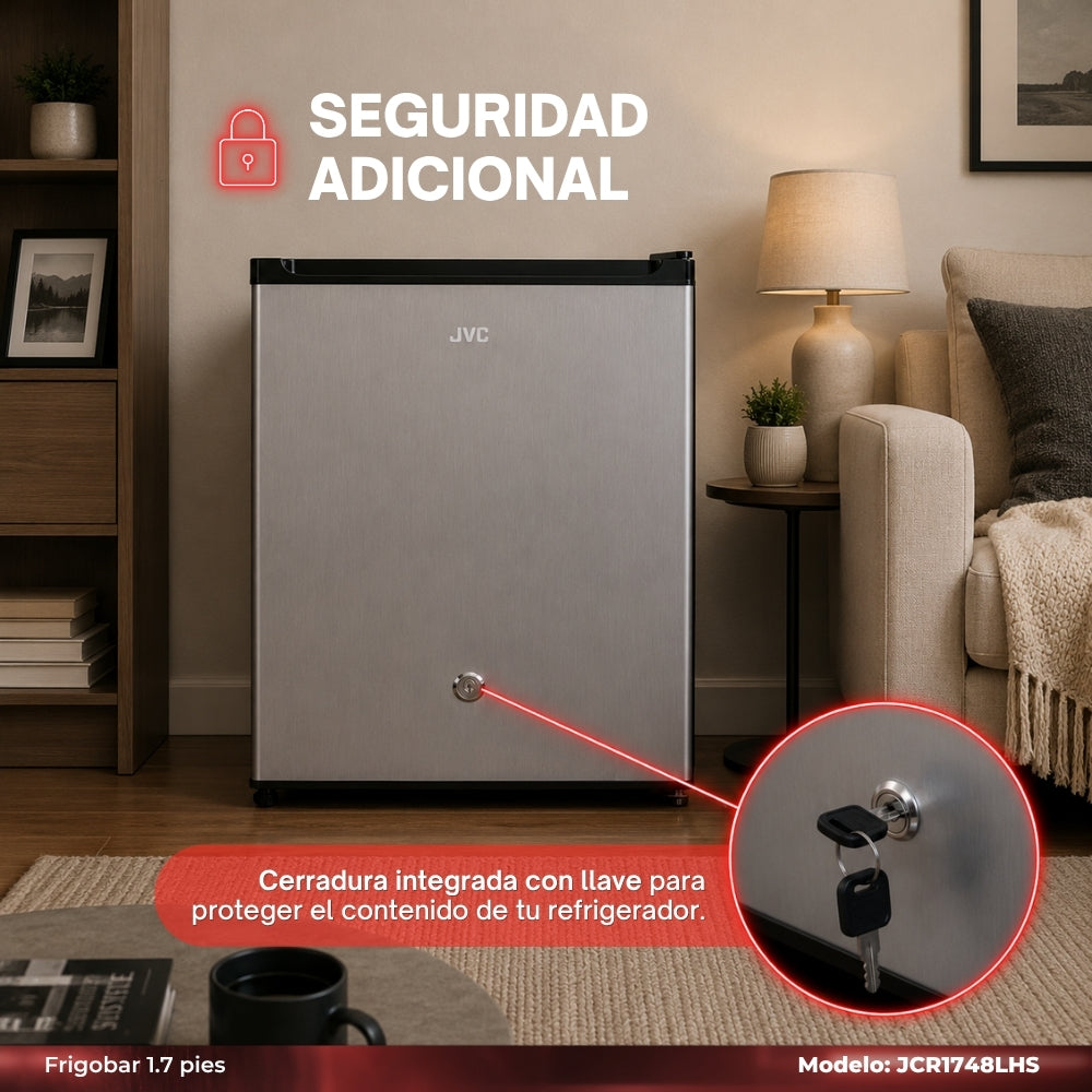 JVC Refrigerador Compacto 1.7 Pies 48 Litros Congelador Interno Control Mecánico de Temperatura Puerta Reversible Cerradura con Llave Acero Inoxidable Modelo JCR1748LHS