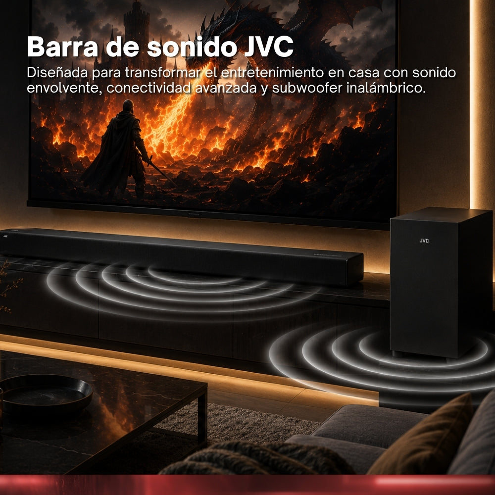 JVC  Soundbar 2.1 Canales con Subwoofer Inalámbrico Dolby Atmos Bluetooth 5.3  HDMI ARC Optical Input  Roku TV Ready  Modelo SB542R