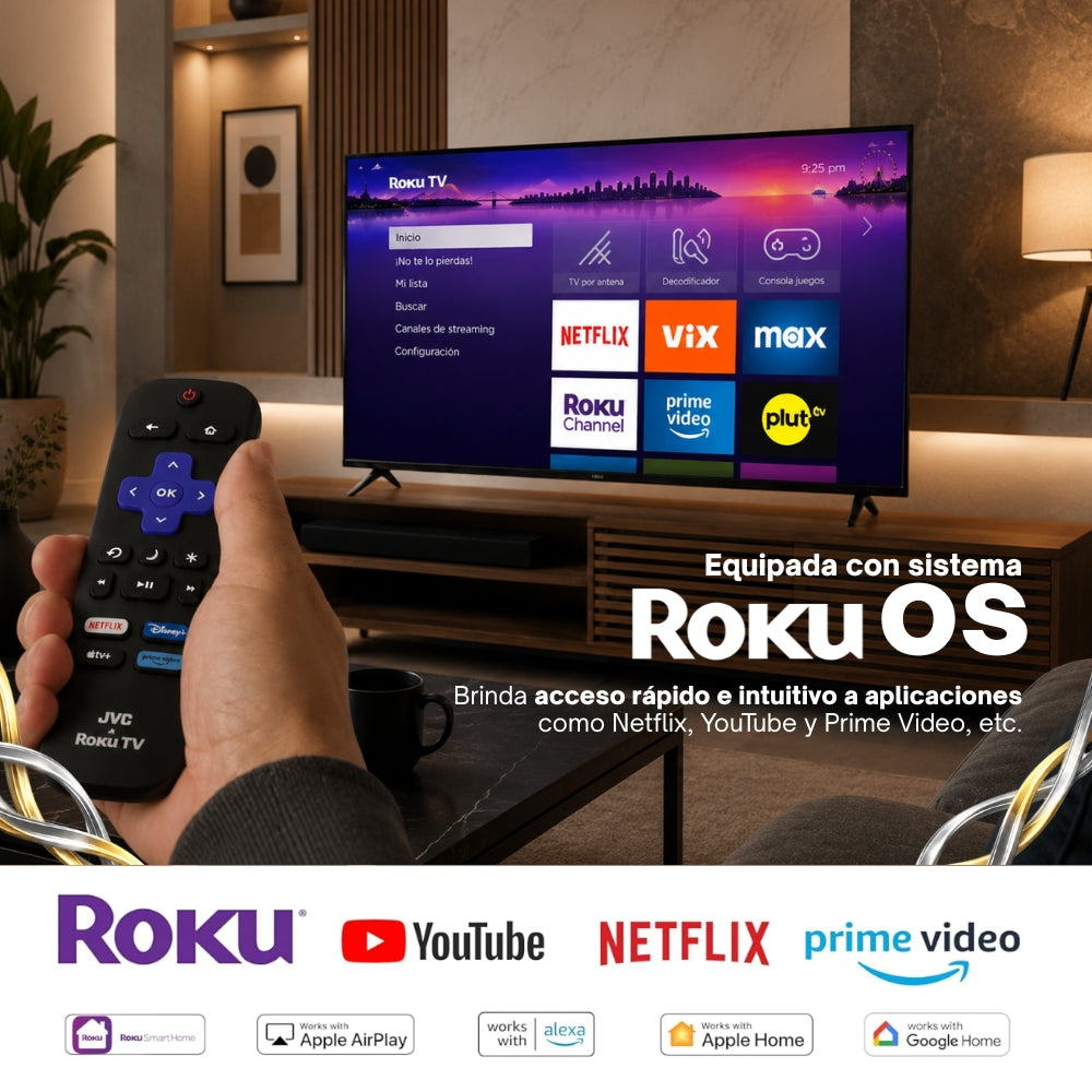 JVC  Smart TV 43 pulgadas  Full HD QLED  Roku TV  Frameless  WiFi  Dolby Audio  3 HDMI 1 USB AV  Netflix YouTube Prime Video  Modelo SI43QRF