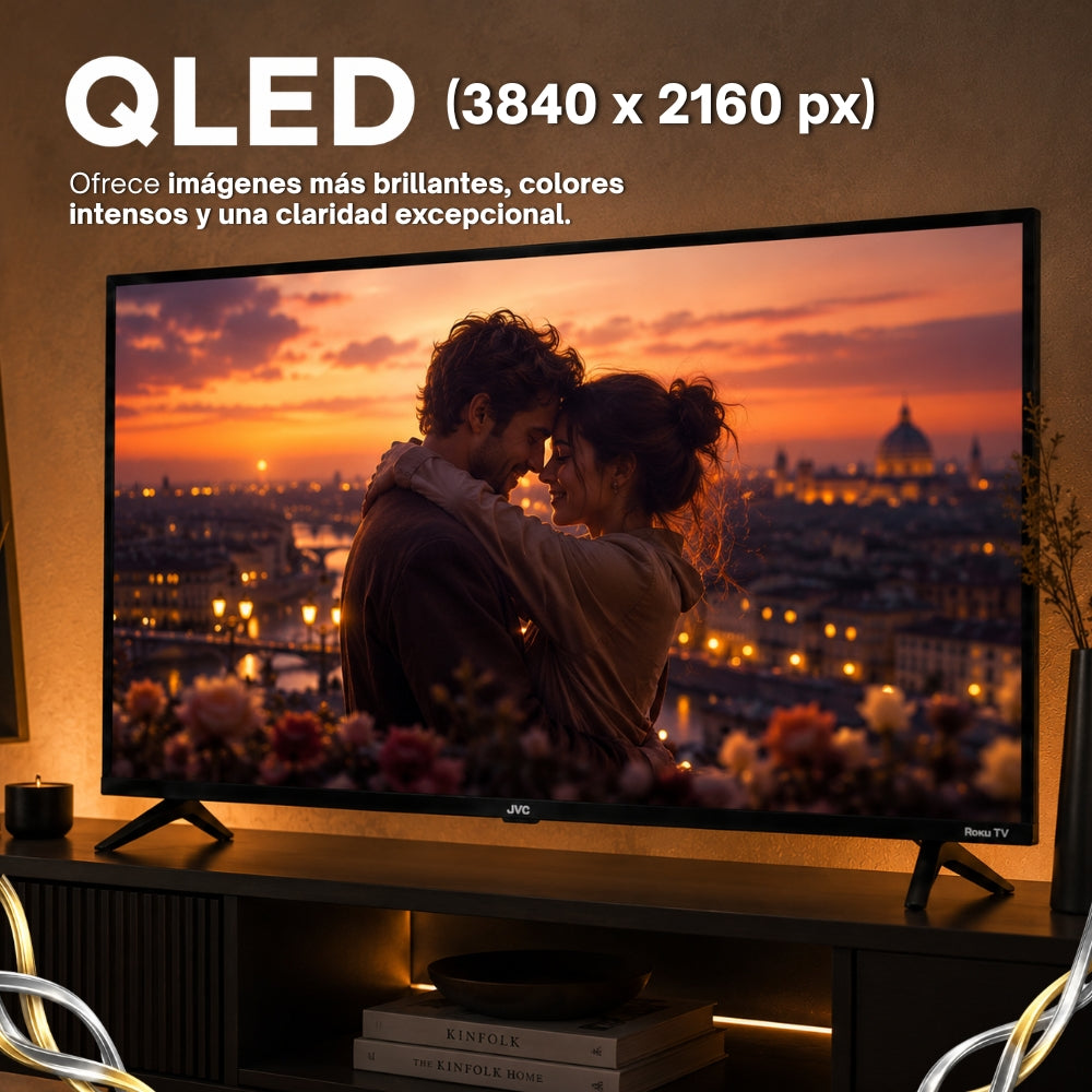 JVC  Smart TV 55 pulgadas  4K UHD QLED  Roku TV  Frameless  WiFi  Dolby Audio  4 HDMI 2 USB AV  Netflix YouTube Prime Video Modelo SI55QRF