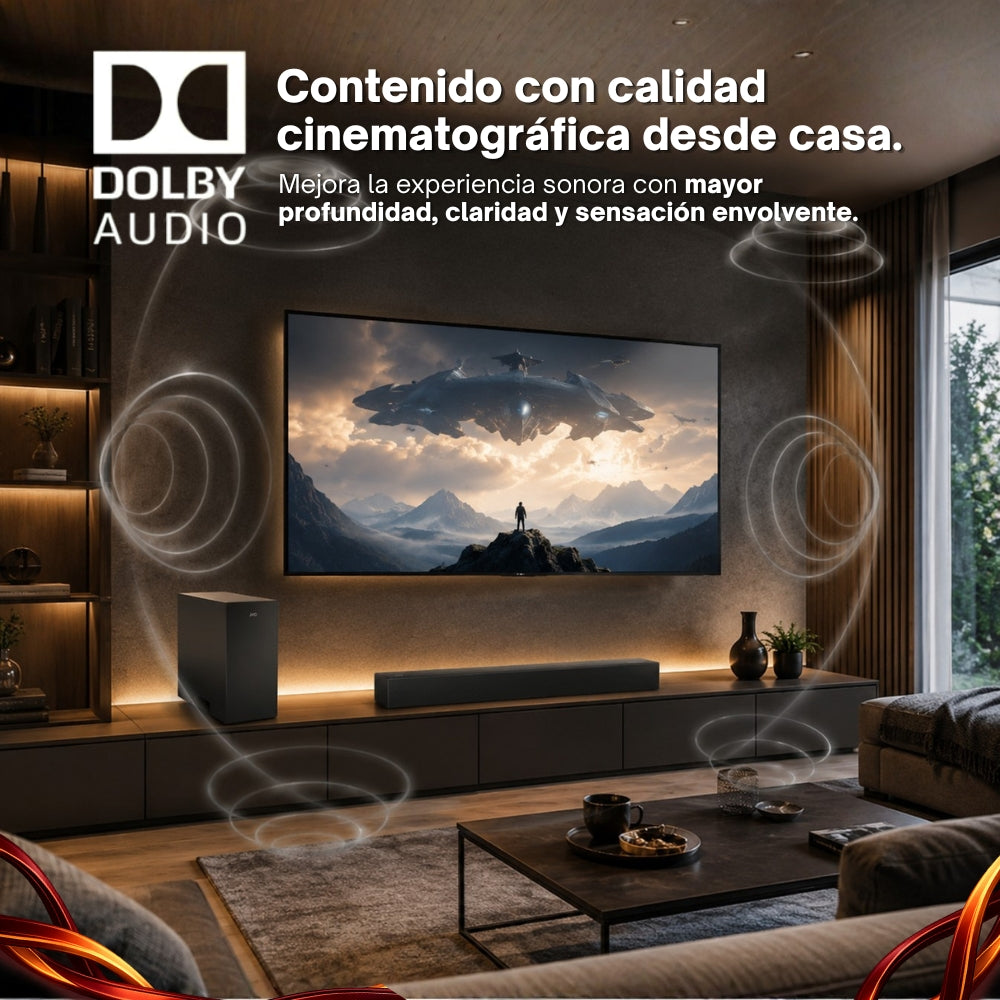 JVC Soundbar 2.1 Canales con Subwoofer Inalámbrico Dolby Atmos Bluetooth 5.3 HDMI ARC Optical Input Roku TV Ready Modelo SB542R