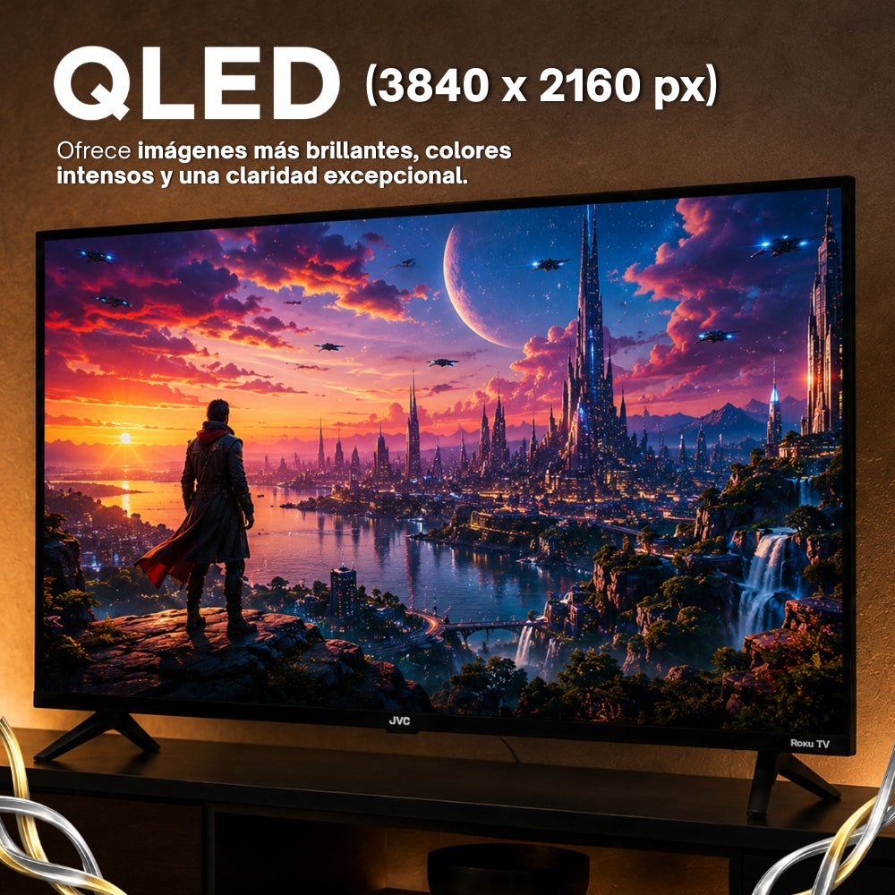 JVC  Smart TV 50 pulgadas  4K UHD QLED  Roku TV  Frameless  WiFi  Dolby Audio  4 HDMI 2 USB AV  Netflix YouTube Prime Video  Modelo SI50QRF