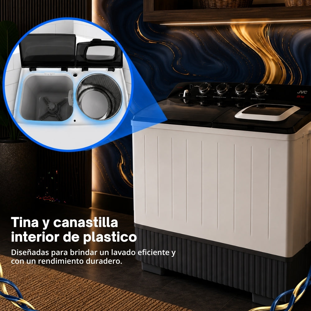 JVC Lavadora Doble Tina 25 kg 4 Niveles de Agua 4 Perillas de Control Bajo Consumo de Energía Ahorro de Agua Gabinete de Alto Impacto Modelo JCTT2509BK