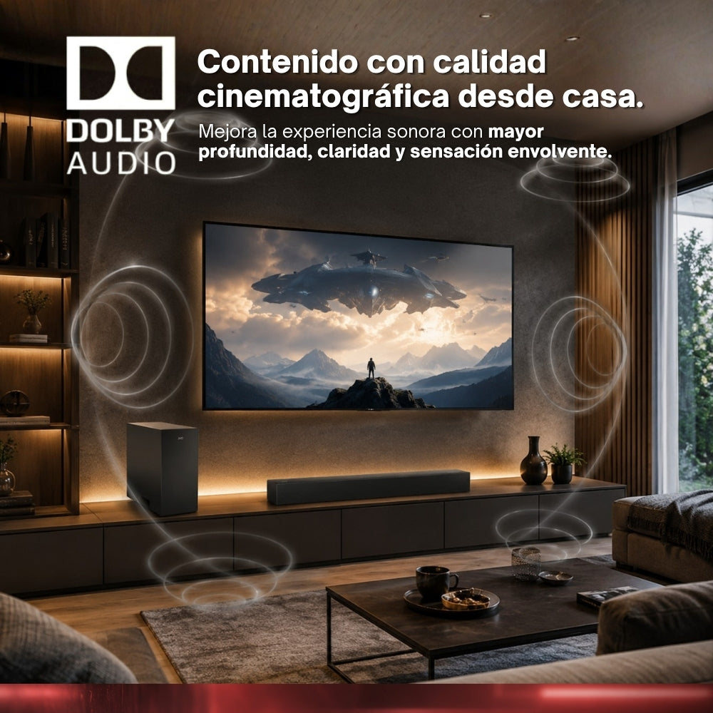 JVC  Soundbar 2.1 Canales con Subwoofer Inalámbrico Dolby Atmos Bluetooth 5.3  HDMI ARC Optical Input  Roku TV Ready  Modelo SB542R