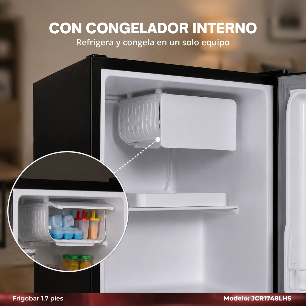 JVC Refrigerador Compacto 1.7 Pies 48 Litros Congelador Interno Control Mecánico de Temperatura Puerta Reversible Cerradura con Llave Acero Inoxidable Modelo JCR1748LHS