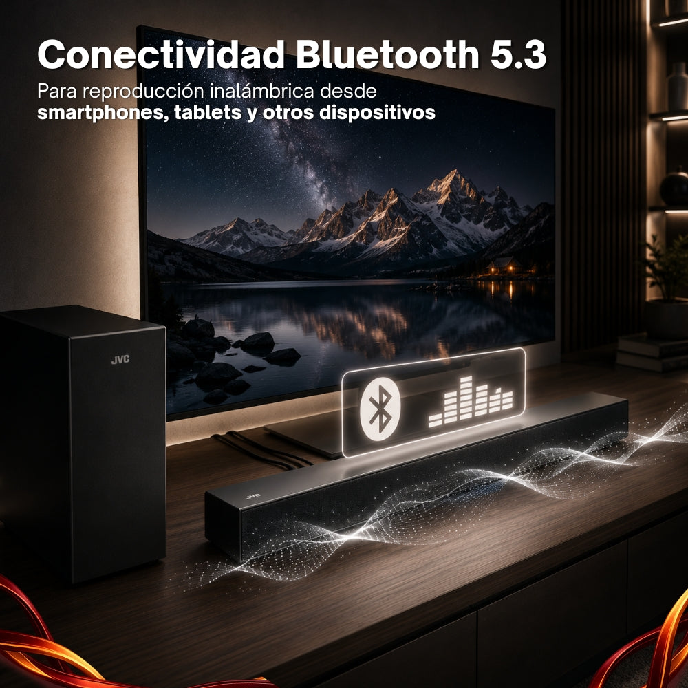JVC Soundbar 2.1 Canales con Subwoofer Inalámbrico Dolby Atmos Bluetooth 5.3 HDMI ARC Optical Input Roku TV Ready Modelo SB542R