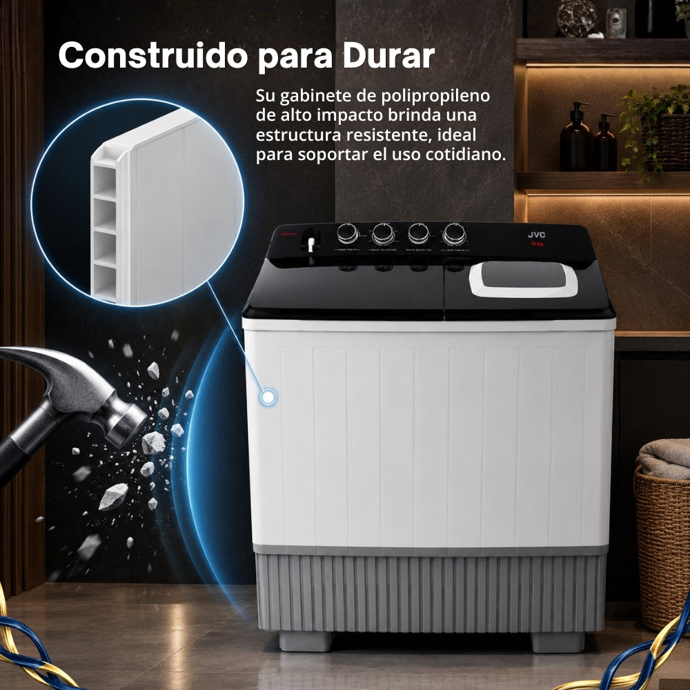 JVC Lavadora Doble Tina 25 kg 4 Niveles de Agua 4 Perillas de Control Bajo Consumo de Energía Ahorro de Agua Gabinete de Alto Impacto Modelo JCTT2509BK