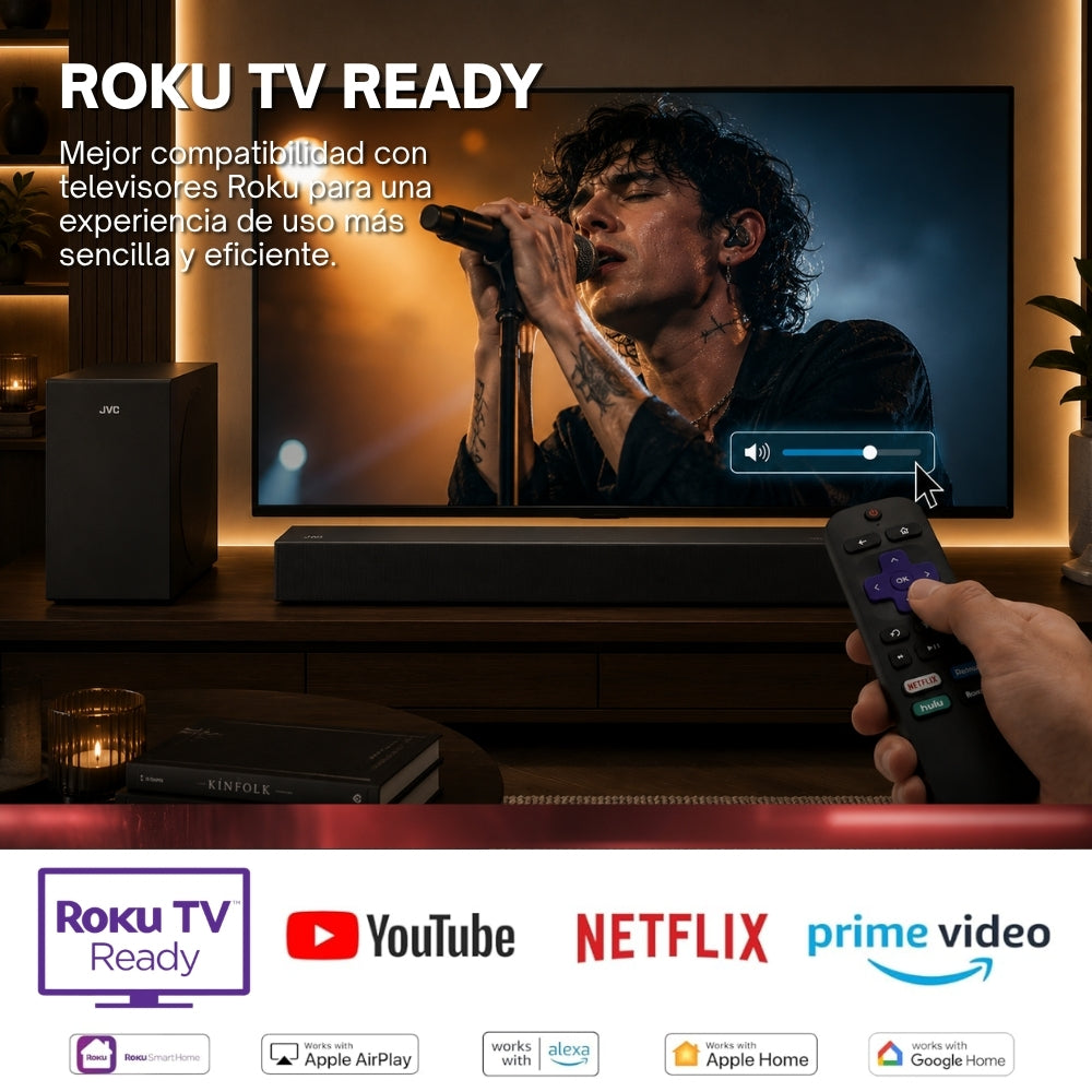 JVC  Soundbar 2.1 Canales con Subwoofer Inalámbrico Dolby Atmos Bluetooth 5.3  HDMI ARC Optical Input  Roku TV Ready  Modelo SB542R