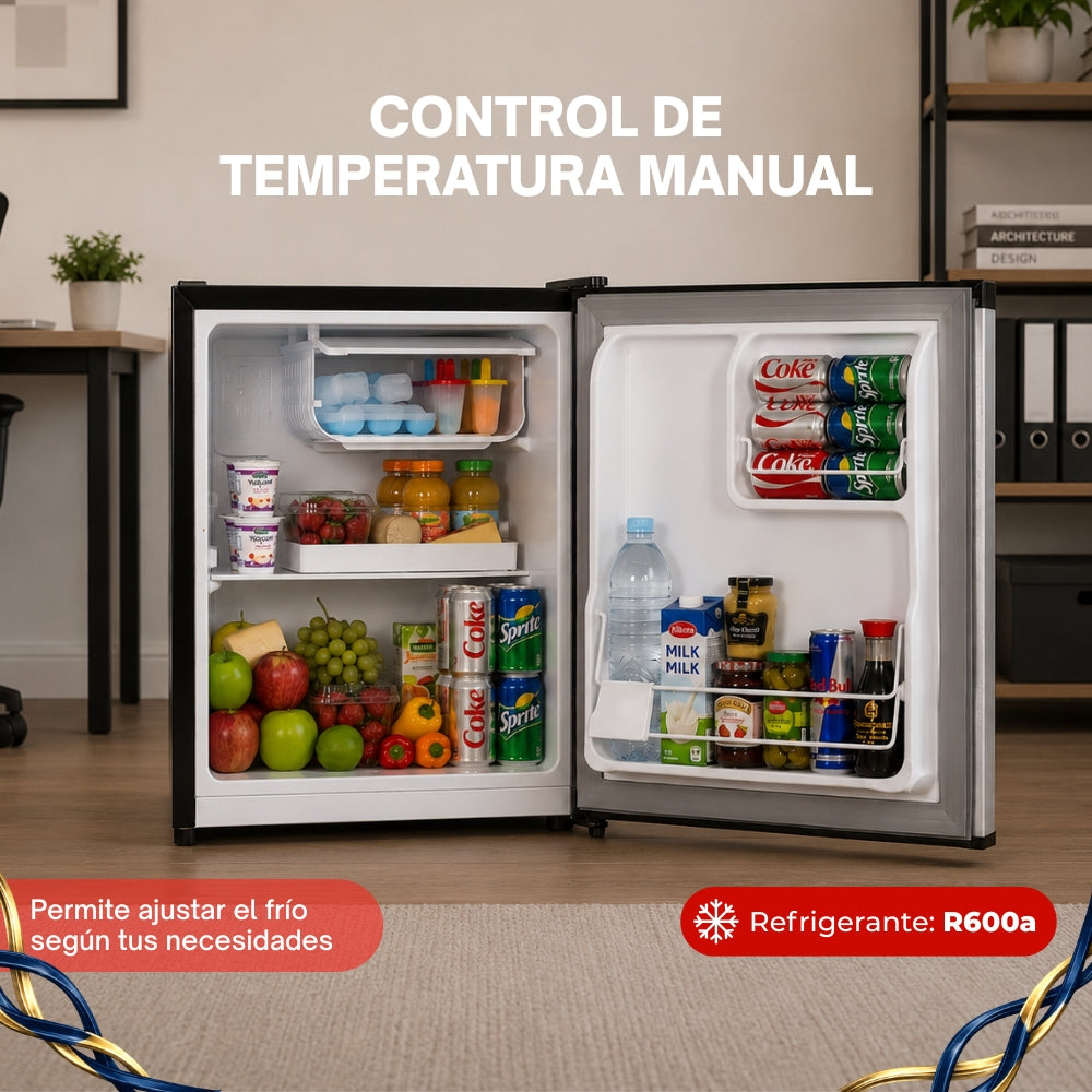 JVC Refrigerador Compacto 1.7 Pies 48 Litros Congelador Interno Control Mecánico de Temperatura Puerta Reversible Cerradura con Llave Acero Inoxidable Modelo JCR1748LHB