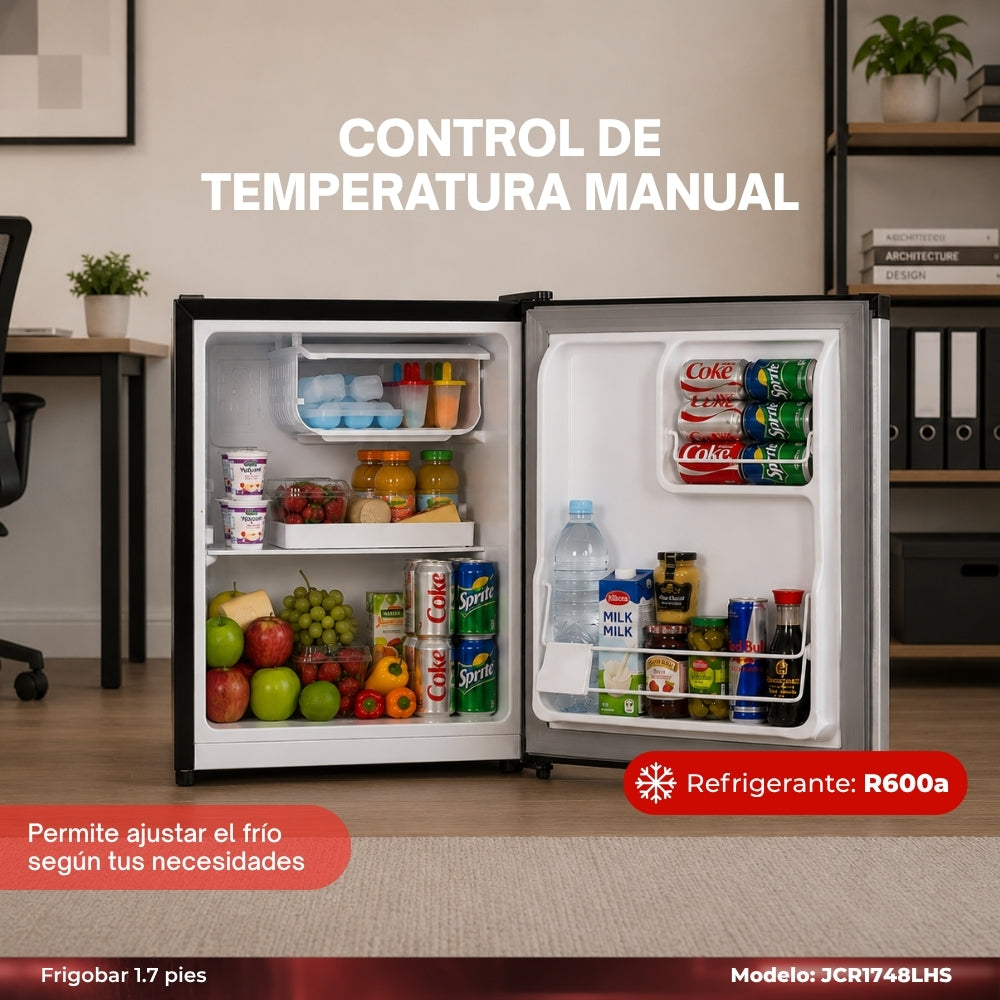 JVC Refrigerador Compacto 1.7 Pies 48 Litros Congelador Interno Control Mecánico de Temperatura Puerta Reversible Cerradura con Llave Acero Inoxidable Modelo JCR1748LHS