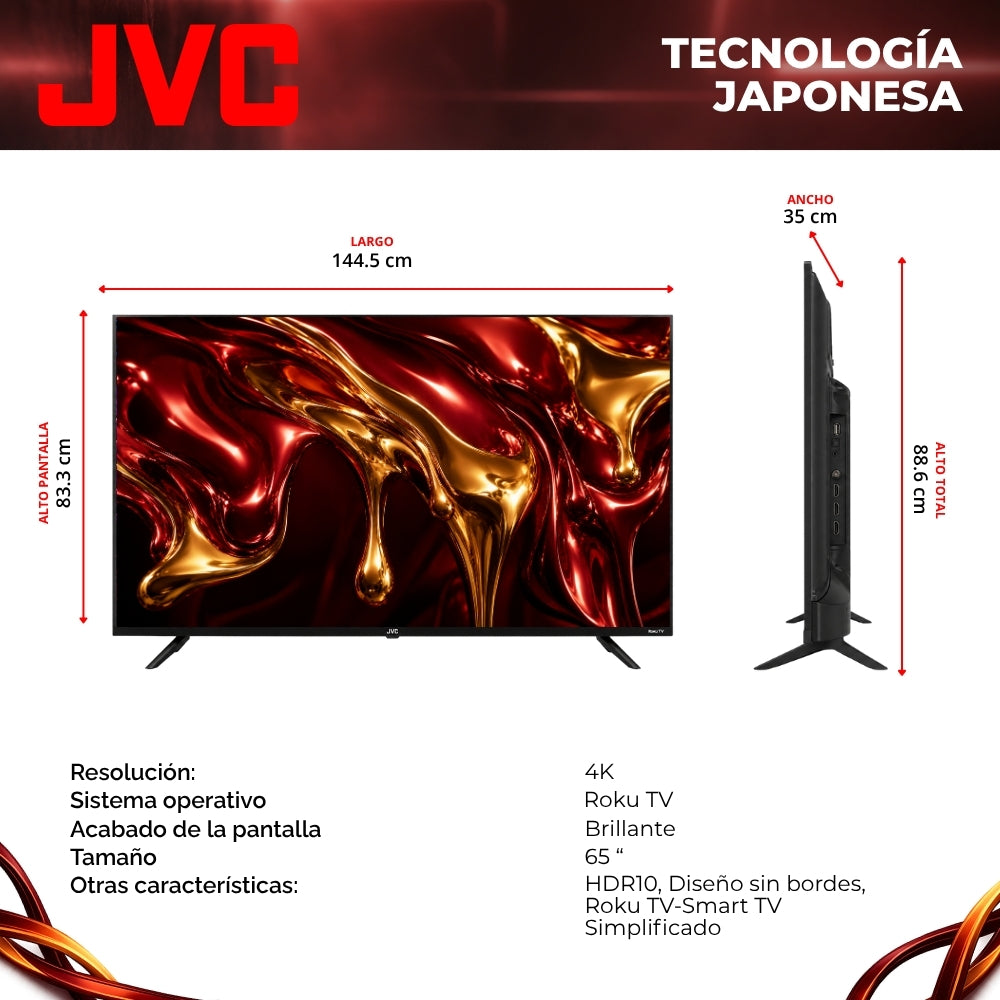 JVC Smart TV 65 pulgadas 4K UHD LED Frameless Roku TV Dolby Audio WiFi 4 HDMI 2 USB AV Netflix YouTube Prime Video Modelo SI65URF