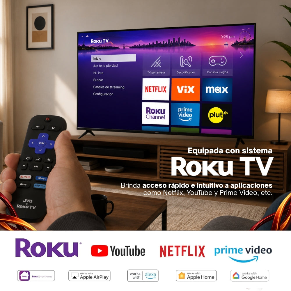 JVC Smart TV 65 pulgadas 4K UHD LED Frameless Roku TV Dolby Audio WiFi 4 HDMI 2 USB AV Netflix YouTube Prime Video Modelo SI65URF