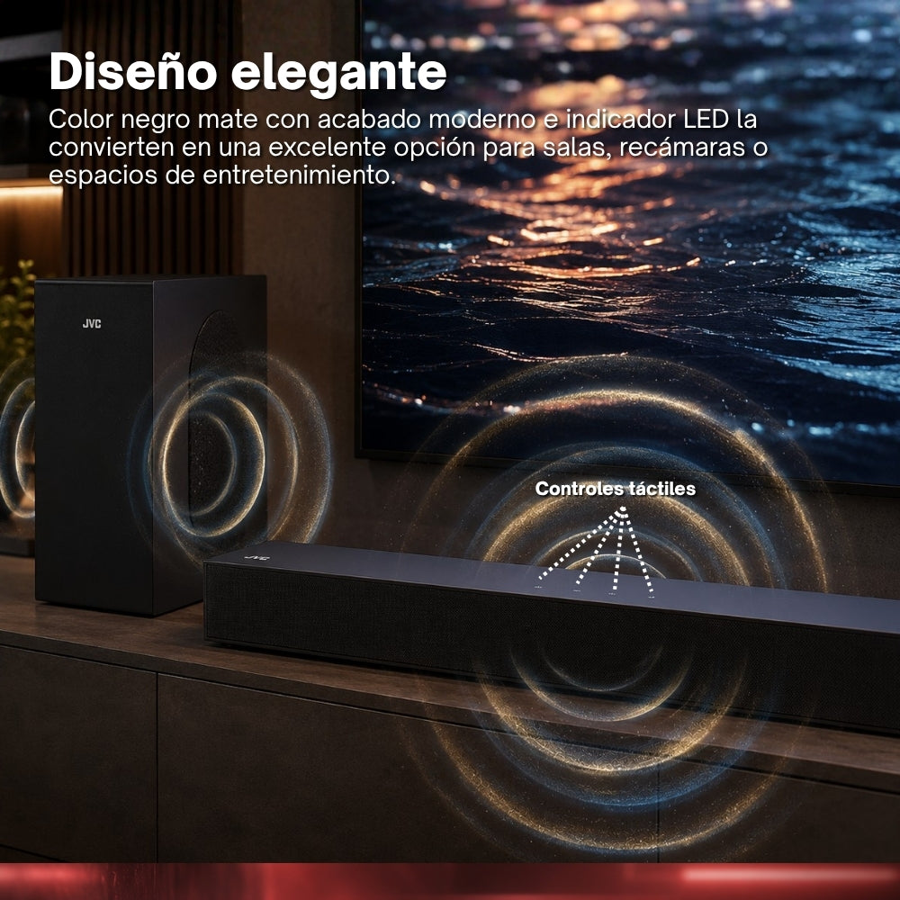 JVC  Soundbar 2.1 Canales con Subwoofer Inalámbrico Dolby Atmos Bluetooth 5.3  HDMI ARC Optical Input  Roku TV Ready  Modelo SB542R