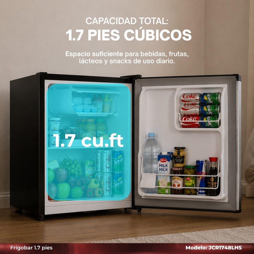 JVC Refrigerador Compacto 1.7 Pies 48 Litros Congelador Interno Control Mecánico de Temperatura Puerta Reversible Cerradura con Llave Acero Inoxidable Modelo JCR1748LHS