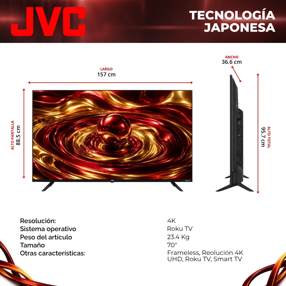 JVC Smart TV 70 pulgadas 4K UHD LED Frameless Roku TV Dolby Audio WiFi 4 HDMI 2 USB AV Netflix YouTube Prime Video Modelo SI70URF